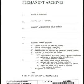 Research Department - Central Bank - General - Bankers' Administrative Staff College - File 5 - Advanced Banking Problems - 1958