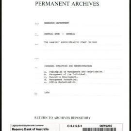 Research Department - Central Bank - General - Bankers' Administrative Staff College - File 1 - Internal Structure and Administration - 1958
