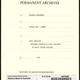 Research Department - Central Bank - General - Costs Committee - The Bank's Costing programme - Memoranda submitted - 1949