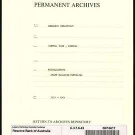 Research Department - Central Bank - General - Miscellaneous - Staff Magazine - Memoranda & Correspondence - 1951 - 1961