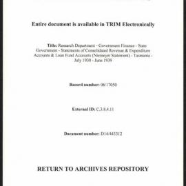 Research Department - Government Finance - State Governments - Statements of Consolidated Revenue & Expenditure Accounts & Loan Fund Accounts (Niemeyer Statements) - Tasmania - July 1930 - June 1939