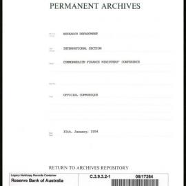 Research Department - International Section - Commonwealth Finance Ministers' Conference - File 1 - Official Communique - 15/1/1954