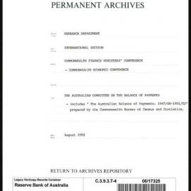 Research Department - International Section - Commonwealth Finance Ministers' Conference - Commonwealth Economic Conference - File 4 - The Australian Committee on the Balance of Payments - August 1952