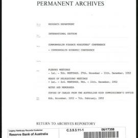 Research Department - International Section - Commonwealth Finance Ministers' Conference - Commonwealth Economic Conference - File 1 - Plenary Meetings - 9/11/1952 - 7/2/1953