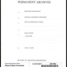 Research Department - General Economic Conditions - State Conditions Letters - Diary Notes - Adelaide - File 1 - 1961