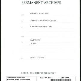 Research Department - General Economic Conditions - State Conditions Letters - Diary Notes - Hobart - File 1 - 1961