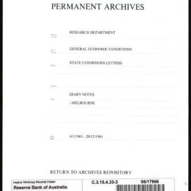Research Department - General Economic Conditions - State Conditions Letters - Diary Notes - Melbourne - File 3 - 1961