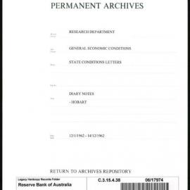 Research Department - General Economic Conditions - State Conditions Letters - Diary Notes - Hobart - 1962