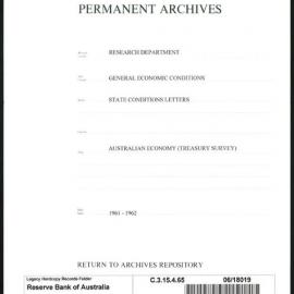 Research Department - General Economic Conditions - State Conditions Letters - Australian Economy (Treasury Survey) - 1961 - 1962