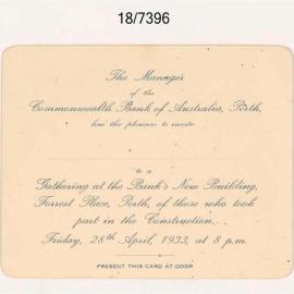CBA - PERTH - BRANCH OPENING INVITATION, ADMISSION CARD & NOTE - The Manager of the Commonwealth Bank of Australia, Perth