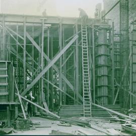 Melbourne - Premises, 367 Collins St. - Construction - View to Collins St. showing forming for columns for First Floor - 24 May 1922