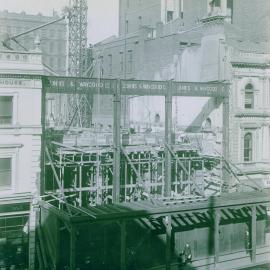 Melbourne - Premises, 367 Collins St. - Construction - Collins St. front showing steel stanchions and girders in position and first floor forming - 24 May 1922