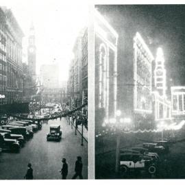 Sydney - Street Scenes & Buildings - Day and night view of Martin Place, Sydney showing the decorations and illuminations for the visit of Their Royal Highnesses the Duke and Duchess of York - 1927
