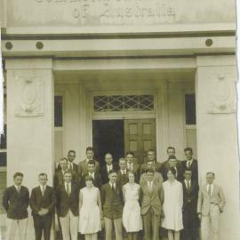 Commonwealth Bank - Premises - Branches - Unidentified - Exterior - Possibly Roseville, NSW - Staff standing outside Branch - August 1930