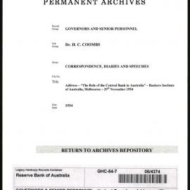 GOVERNORS & SENIOR PERSONNEL - Dr H.C. Coombs - Correspondence, Diaries and Speeches - Address - “The Role of the Central Bank in Australia” - Bankers’ Institute of Australasia, Melbourne - 29 November 1954