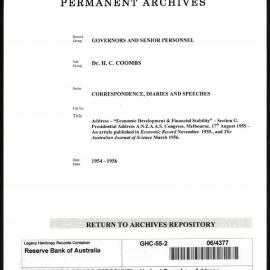 GOVERNORS & SENIOR PERSONNEL - Dr H.C. Coombs - Correspondence, Diaries and Speeches - Address - “Economic Development and Financial Stability” - Section G. Presidential Address, ANZAAS Congress, Melbourne - 17 August 1955