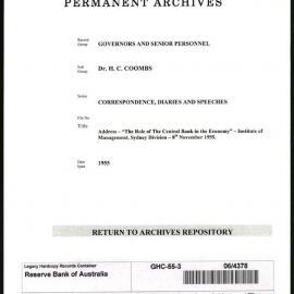 GOVERNORS & SENIOR PERSONNEL - Dr H.C. Coombs - Correspondence, Diaries and Speeches - Address - “The Role of the Central Bank in the Economy” - Institute of Management, Sydney Division - 8 November 1955