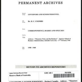 GOVERNORS & SENIOR PERSONNEL - Dr H.C. Coombs - Correspondence, Diaries and Speeches - Address - “Monetary Policy and the Businessman” - Summer School of Business Administration, Adelaide University - 17 February 1960
