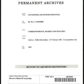GOVERNORS & SENIOR PERSONNEL - Dr H.C. Coombs - Correspondence, Diaries and Speeches - Address - Delfin Club, Sydney - Correspondence only - 21 February 1962
