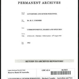 GOVERNORS & SENIOR PERSONNEL - Dr H.C. Coombs - Correspondence, Diaries and Speeches - Australian and New Zealand Association for the Advancement of Science (ANZAAS) - Chairman - Giblin Lecture - 13 August 1962