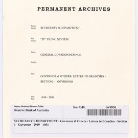 SECRETARY'S DEPARTMENT - Governor & Others - Letters to Branches - Section 1 - Governor - 1949 - 1954