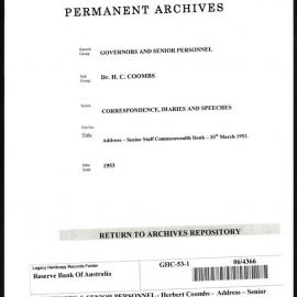 GOVERNORS & SENIOR PERSONNEL - Dr H.C. Coombs - Correspondence, Diaries and Speeches - Address - Senior Staff Commonwealth Bank - 30 March 1953