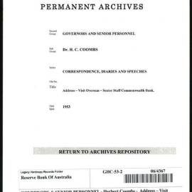 GOVERNORS & SENIOR PERSONNEL - Dr H.C. Coombs - Correspondence, Diaries and Speeches - Address - Visit Overseas - Senior Staff Commonwealth Bank - 18 June 1953
