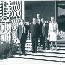 HC Coombs in Canberra with, from left to right, Dr Erik Hoffmeyer, Governor of Denmark's National Bank, Sir Leslie O'Brien, Governor, Bank of England, Mr JG Phillips and Mrs Phillips - 1967