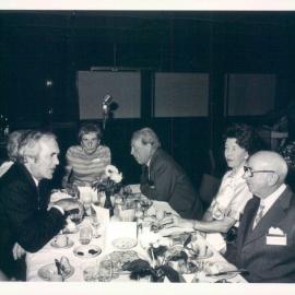 Staff - Social Functions - Head Office 65 Martin Place - Retired Officers Christmas Party - L to R: Harold Knight, Lady Phillips, Miss McCourt, Dr Coombs, Mr & Mrs McGrouther - 28 November 1975