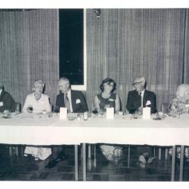 Staff - Social Functions - Head Office 65 Martin Place - Retired Officers' Christmas Party - L to R: May Grant, HC Coombs, Lady Phillips, HM (Harry) Knight, Lady Knight, JG (Jock) Phillips, Mrs Coombs, WG Brazenor - 30 November 1977