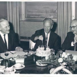 Staff - Social Functions - Head Office - Dr Coombs' 65th birthday luncheon hosted by Governor JG Phillips - L to R: JB Wright, HC Coombs & JG Phillips - February 1971