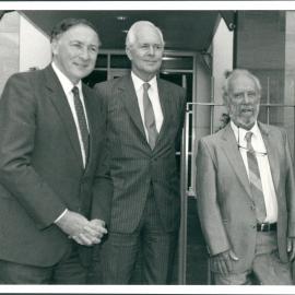 Governors & Ex Governors - RA Johnston, HM Knight, HC Coombs during the naming ceremony of the HC Coombs Centre, Kirribilli - 15 May 1989