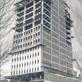 Adelaide Project - 1963-June 1967 - View of brickwork being erected on the south face of the building. Erection of terrazzo panels being undertaken at 2nd floor level - 13 July 1965