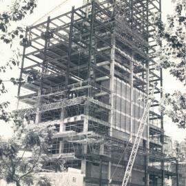 Adelaide Project - 1963-June 1967 - South-west elevation. Preparatory work being undertaken to continue lift shafts above 6th floor level - 25 March 1965