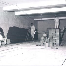 Melbourne Project - December 1961-September 1966 - Strongroom No. 2 showing parquetry in position, plasterers repairing "drummy" walls and painters painting ceiling - 20 May 1965