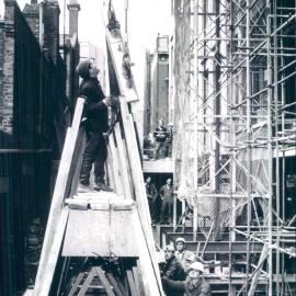 Melbourne Project - December 1961-September 1966 - Hoisting granite panel from McGraths Lane for northern face of building - 20 May 1965