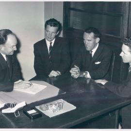 Staff - Groups - Head Office - Jim McSharry of Research Department with some of the new graduates - Jim McSharry, Lorne Williamson, Richard Beetham & Luke Middendorp - October 1962