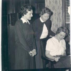 Staff - Groups - Head Office - The Australian Institute of Management's residential conference for secretaries - attending are Claire Givney, Rhona Shaw & Maysie Lewis - June 1962