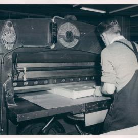 Note Printing Branch, Fitzroy: Guillotining full size sheets of stamps - c.1960