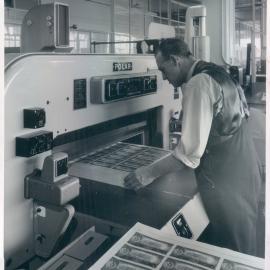 Note Printing Branch - Staff at work - Bill McNeil guillotining £1 notes  - 1960