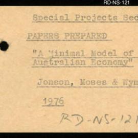 Research Department - Special Projects Section - Research Discussion Papers - 7601 1/76 A Minimal Model of the Australian Economy - Jonson, Moses and Wymar