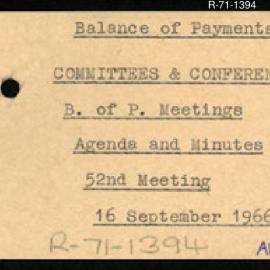 Research Department - Balance of Payments Section - International Reserves - Committees and Conferences - Meetings - Agenda and Minutes - 52nd Meeting - 16/9/1966