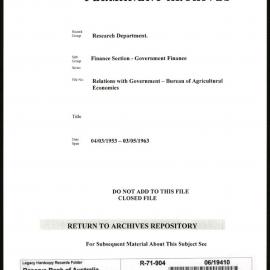 Research Department - Finance Section - Government Finance - Relations with Government - Bureau of Agricultural Economics