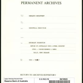 Research Department - Industrial Production - Secondary Production - Review of Australian Iron & Steel Industry - Correspondence & Memoranda - BHP News Release - 1950 - 1957