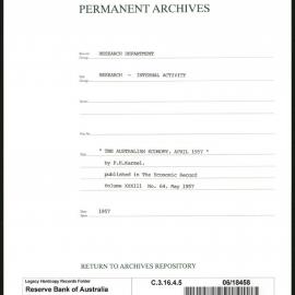 Research Department - Economic Research - Internal Activity - "The Australian Economy, April 1957" by PH Karmel. published in The Economic Records Vol. XXXIII No.64 April 1957