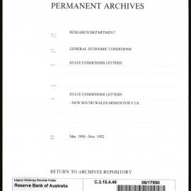 Research Department - General Economic Conditions - State Conditions Letters - New South Wales - Memoranda for FIS - March 1950 - November 1952