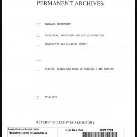 Research Department - Population, Employment and Social Conditions - Immigration and Planning Council - Minutes, Agenda and Notes of Meetings - 8th Meeting - File 3 - 17/7/1951