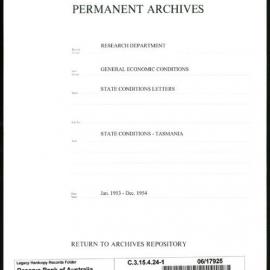 Research Department - General Economic Conditions - State Conditions Letters - Tasmania - File 1 - January 1953 - December 1954