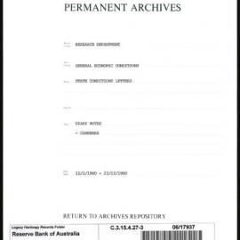 Research Department - General Economic Conditions - State Conditions Letters - Diary Notes - Canberra - File 3 - 1960