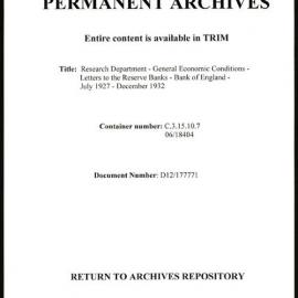 Research Department - General Economic Conditions - Letters to the Reserve Banks - Bank of England Letters - July 1927 - December 1932